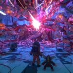 Voxel characters gaze upon an abomination.