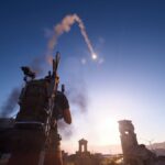 A Raider flair soars in the skies above the player.