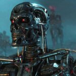 A Terminator walks across the battlefield.