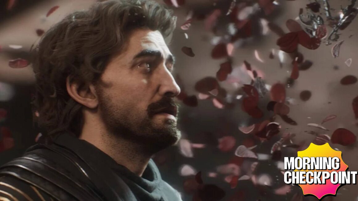 A battle-weary warrior looks at falling petals.