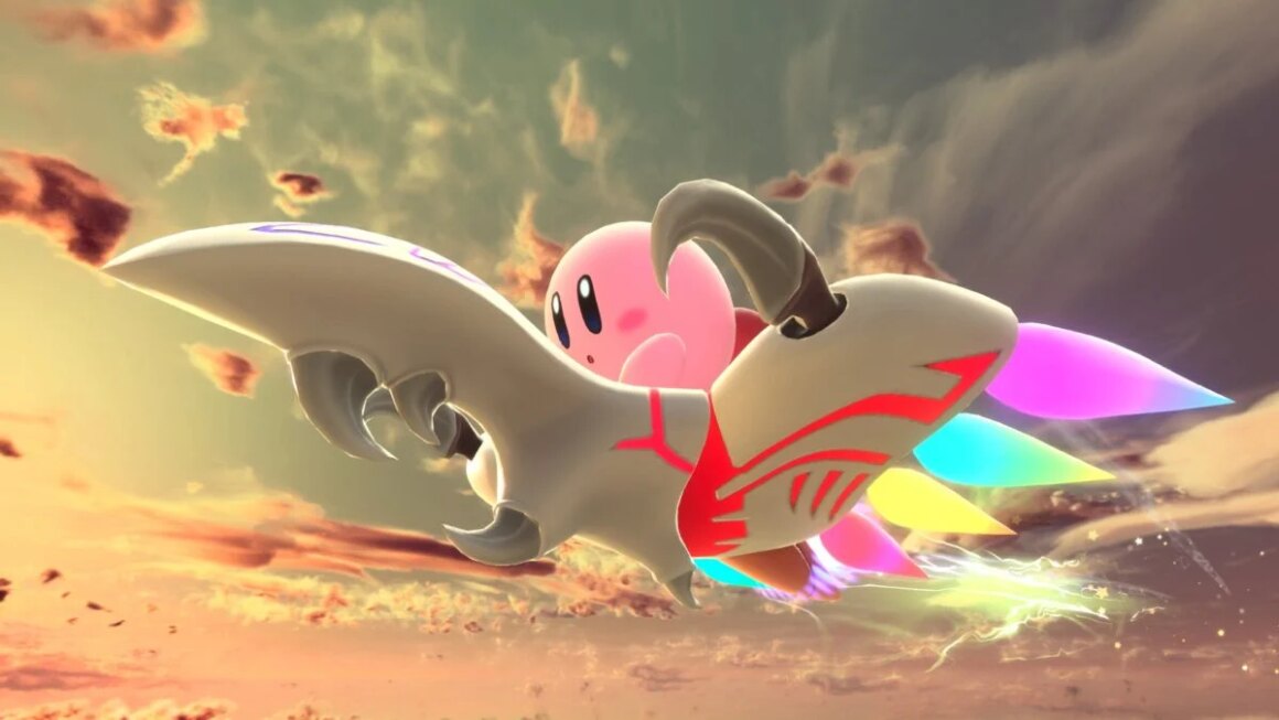 Kirby flies through the sunset.