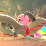 Kirby flies through the sunset.