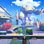 Mega Man runs through a city.