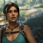 Lara looks up at a dinosaur.