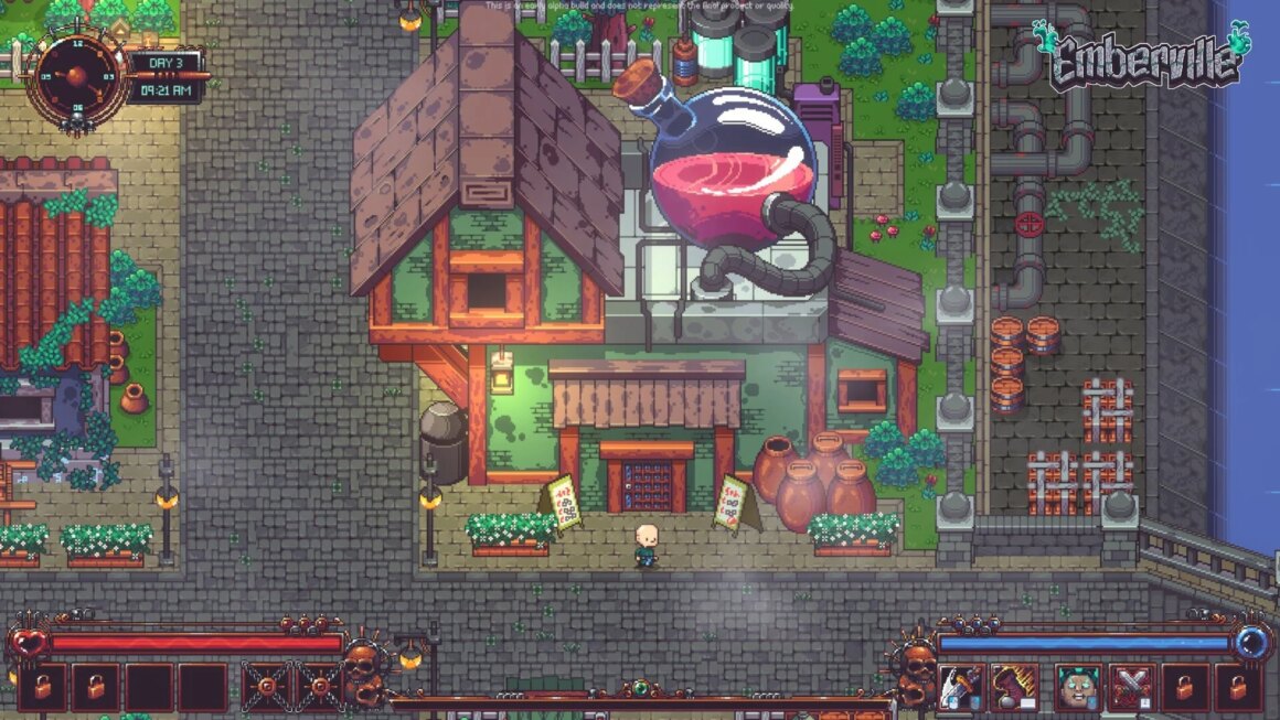 Pixel art shows a top-down village.