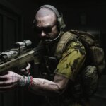 A man carries a rifle down a dark hallway.