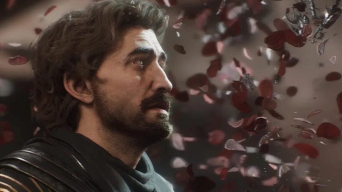 A man looks tired as petals fall.