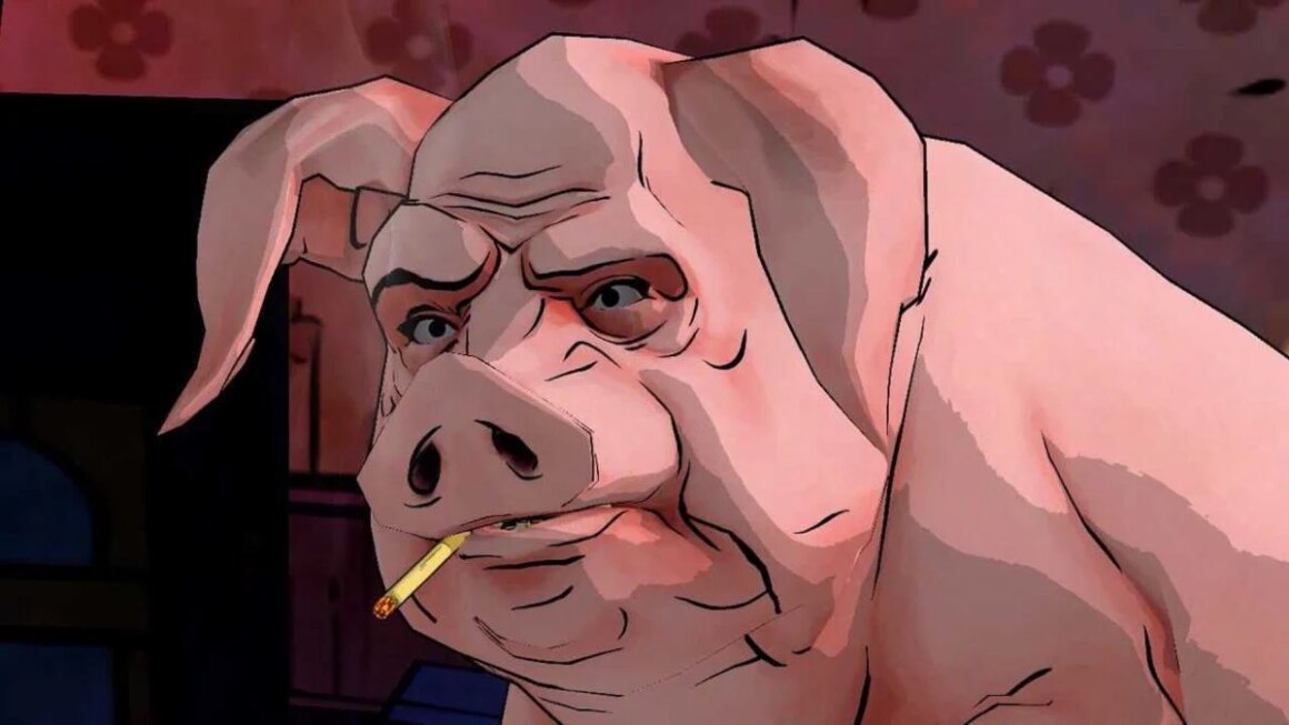 A pig smokes a cigarette.