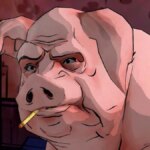 A pig smokes a cigarette.