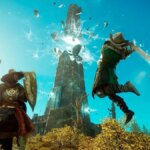 People fight underneath a blue sky.