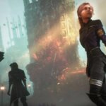 A woman looks back in a mysterious land.