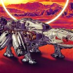 A ship appears beneath a red planet.