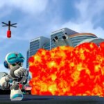 A robot kid runs away from an exploding building.
