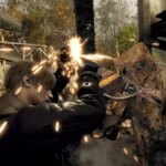 Leon battles with a chainsaw.